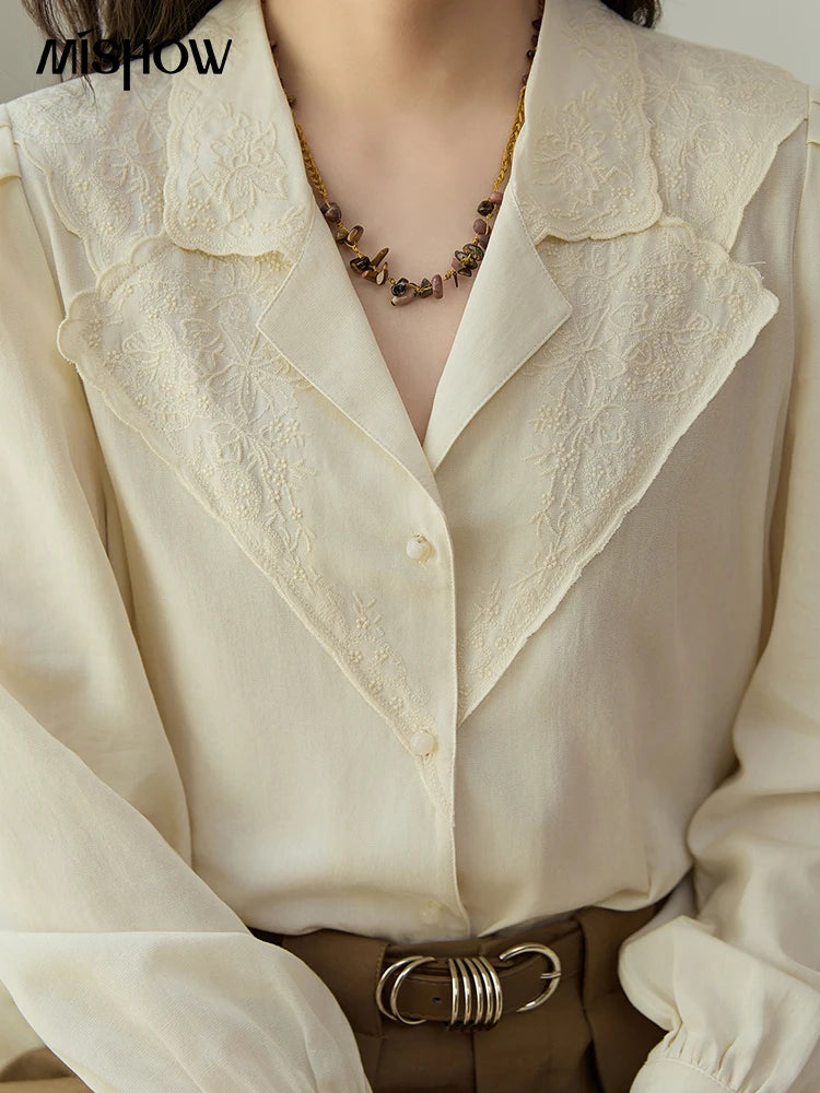 MISHOW Women's Casual Shirts 2025 Autumn Apricot Retro Lace V-neck Top Long Sleeve Lightweight Shirts Women Clothing MXE45X2486