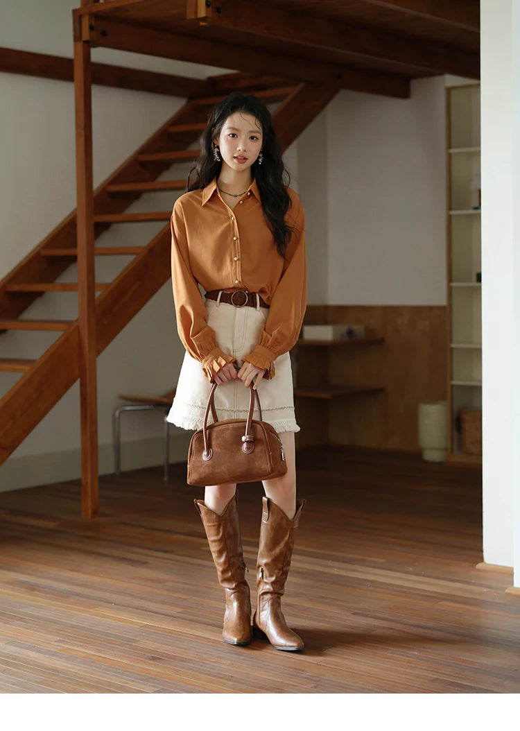 MISHOW Women's Shirts 2025 Autumn Color Blocking Buttons Pleated Cuffs Loose Top Female Solid Lapel Commuting Shirts MXE41C2352