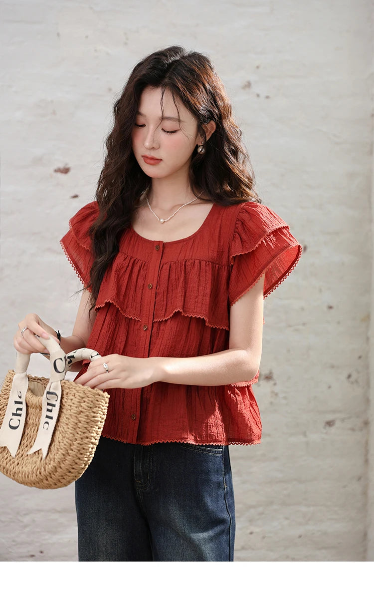 MISHOW Women's French Square Collar Blouses 2024 Summer Retro Red Ruffle Lace Cake Top Puff Sleeve Solid Sweet Blouse MXD30X1488