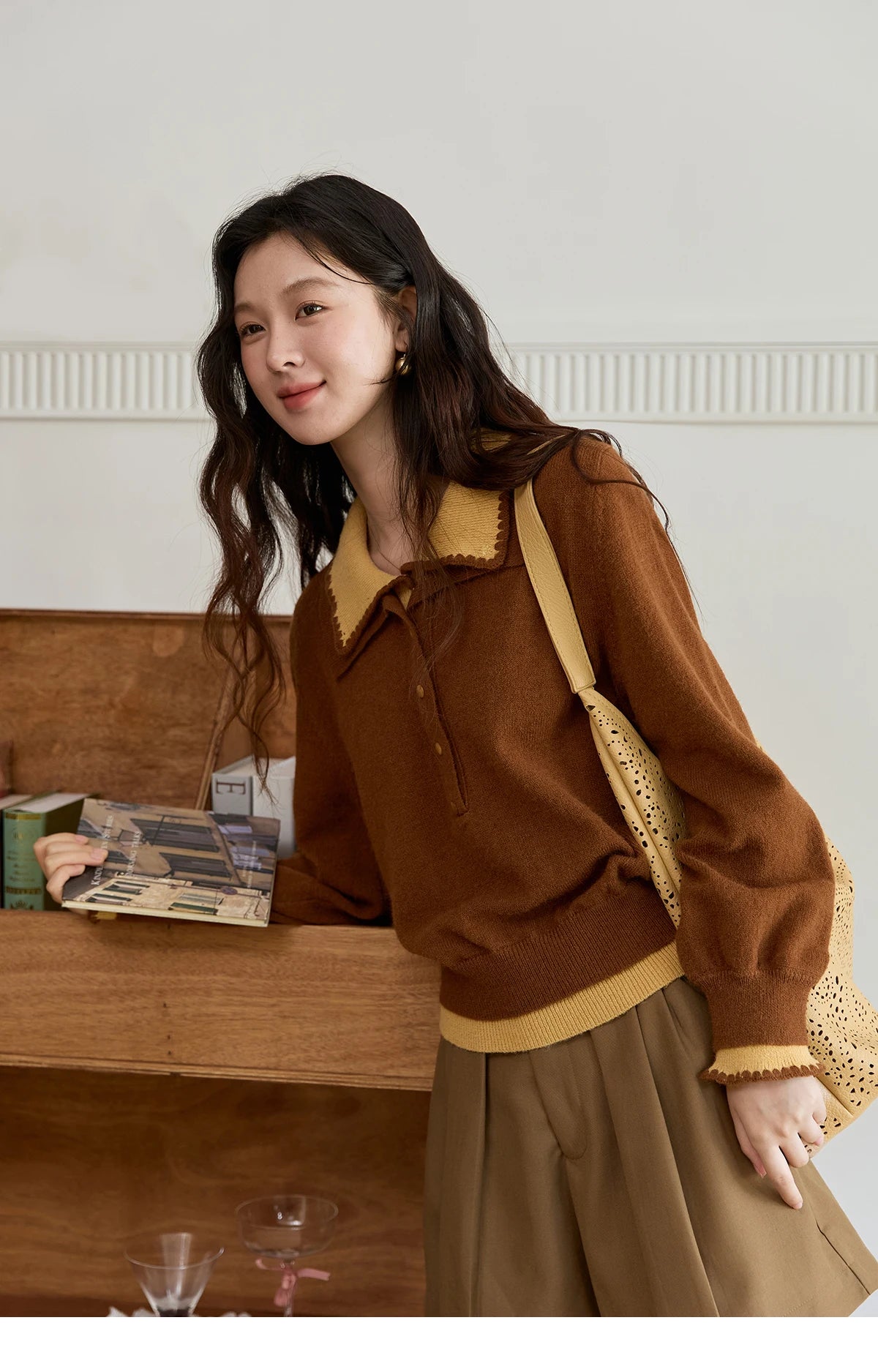 MISHOW Elegant Women's Sweaters 2025 Autumn Designer Knitted Double-layer Turn-down Collar Loose Long Sleeves Tops MXE45Z2502