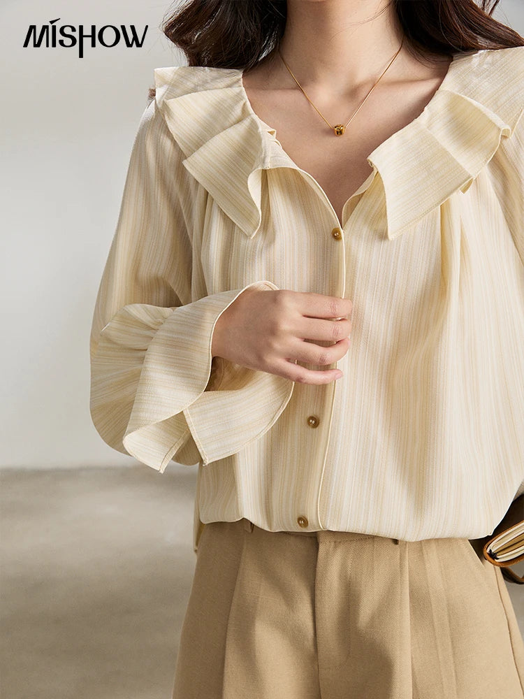 MISHOW Women's Ruffled Collar Striped Shirt 2026 Spring Flare Sleeve Elegant Casual Loose Long Sleeve Top Office Lady MXF13C2438