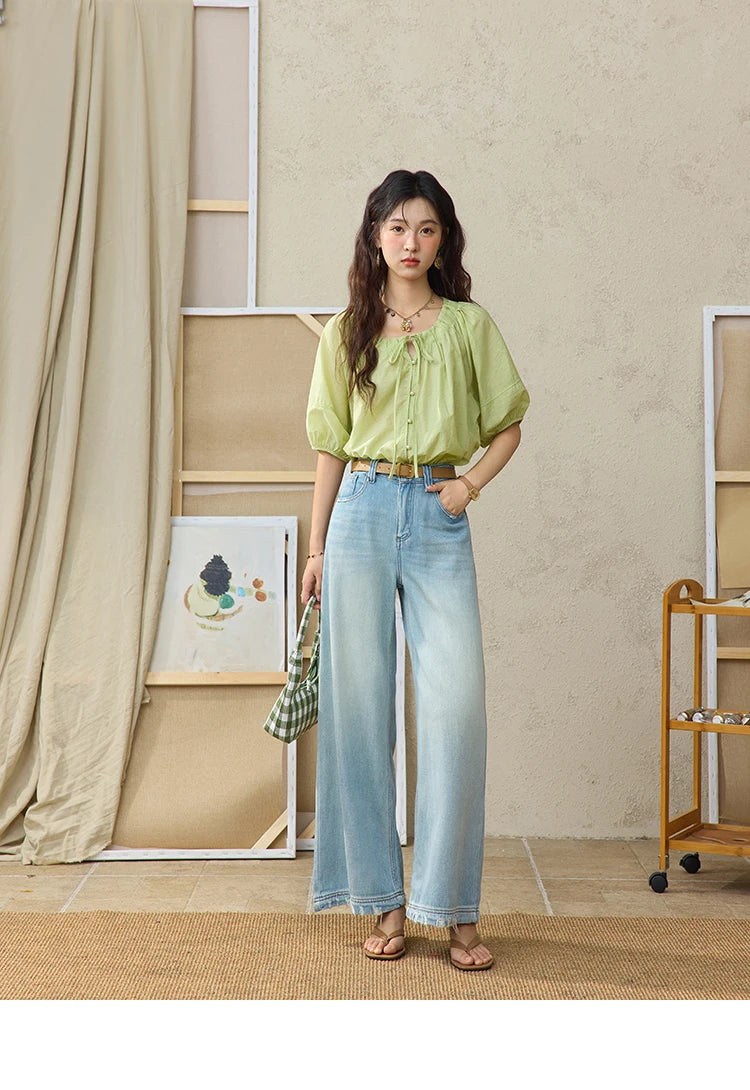 MISHOW Women's Round Neck Blouse 2025 Summer New Fashion Lace Up Puff Sleeve Casual Chiffon Top Ladies Clothing MXE36X1875