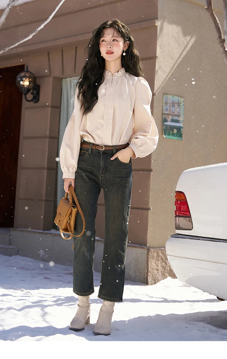 MISHOW French Autumn Winter Button Up Lantern Long Sleeve Shirts Women Ruffle Neck Thick Warm Blouse Flannel Shirt MXC56X1320