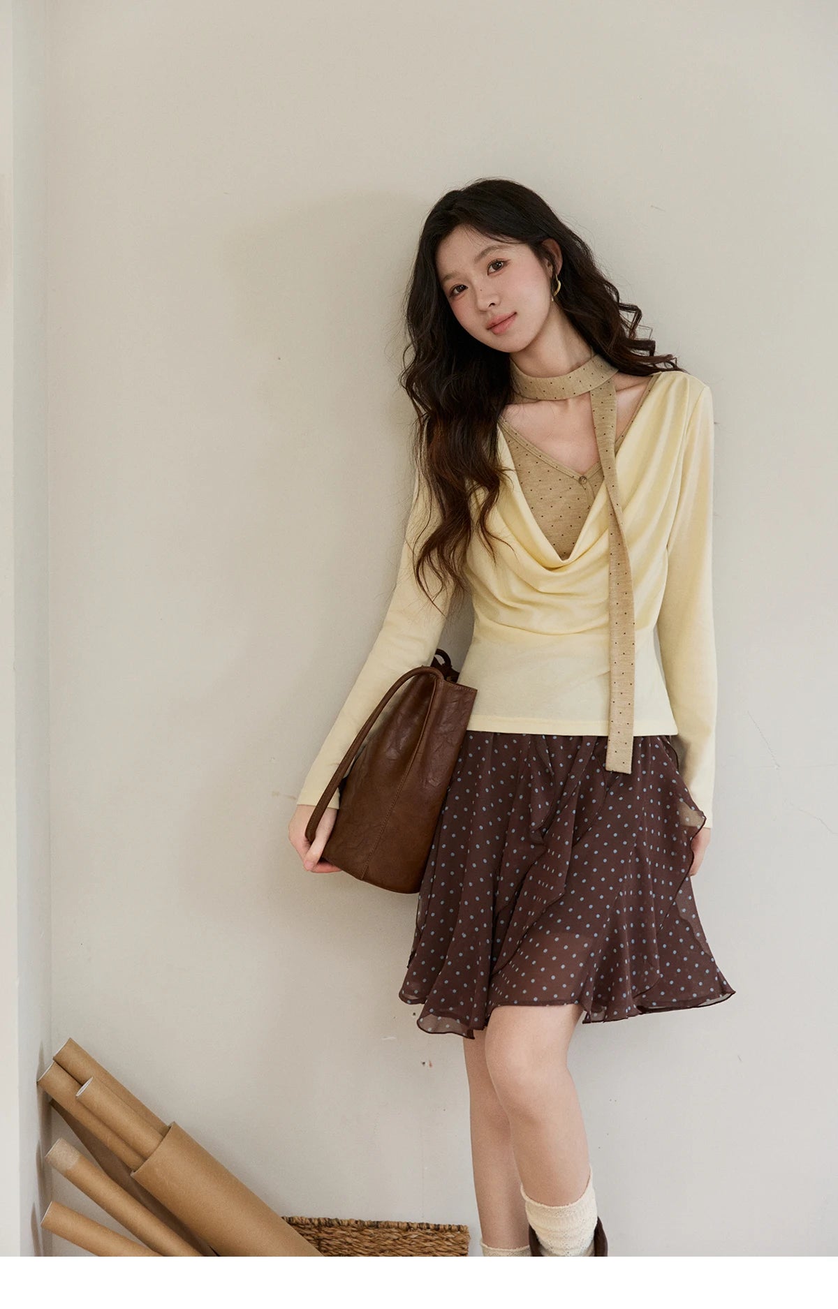 MISHOW Women's Wool Blend Fake Two Piece Draped Neck Knit Top 2026 Spring Wave Point Ribbon Contrast Color Casual Top MXF13Z2977