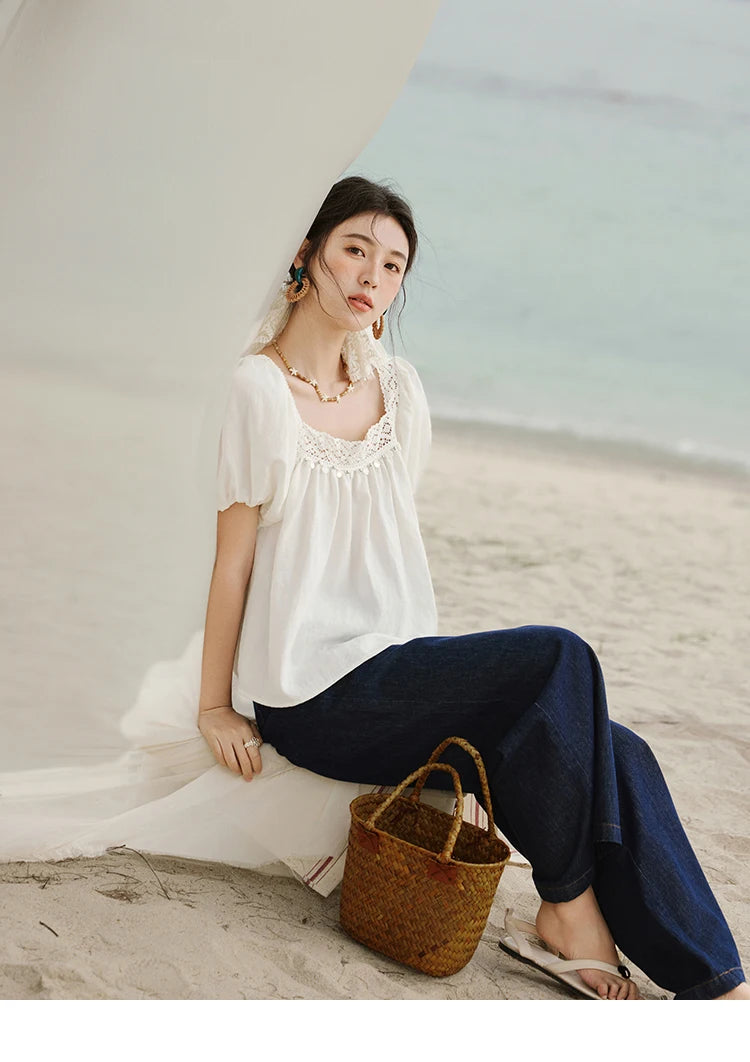 MISHOW French New Shirts Women Summer 2025 Short Puff Sleeve Square Collar Solid Splicing Lace Blouses Female Holiday MXE32X1780