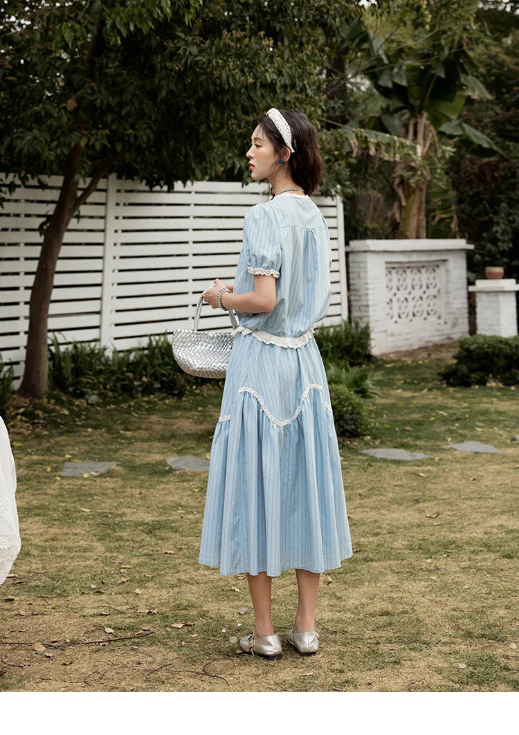 MISHOW Elegant Summer Skirts Sets Women 2025 Short Sleeve V-neck Tops Blue Stripe Lace A-line Skirt Woman Slimming MXE31T0531