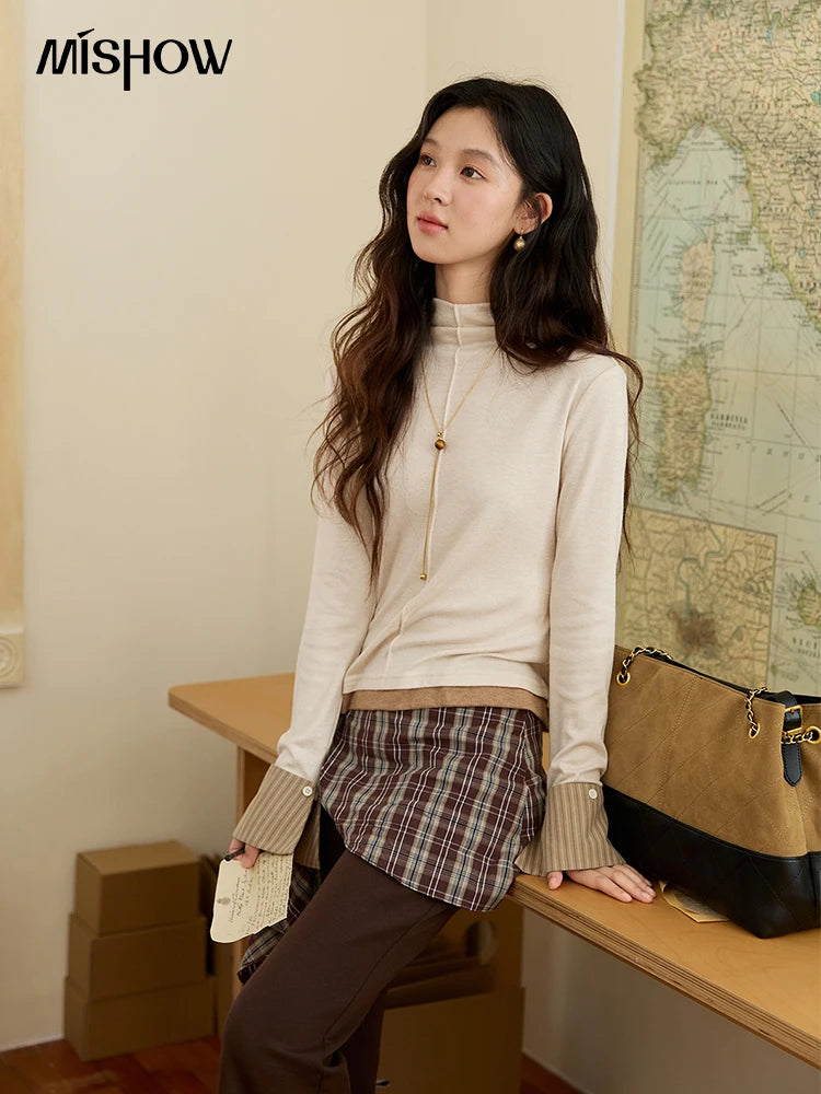 MISHOW Knitted Tops for Women 2025 Autumn New Apricot Stand Collar Long Sleeves Slim Fit with Detachable Cuffs Tops MXE49Z2532