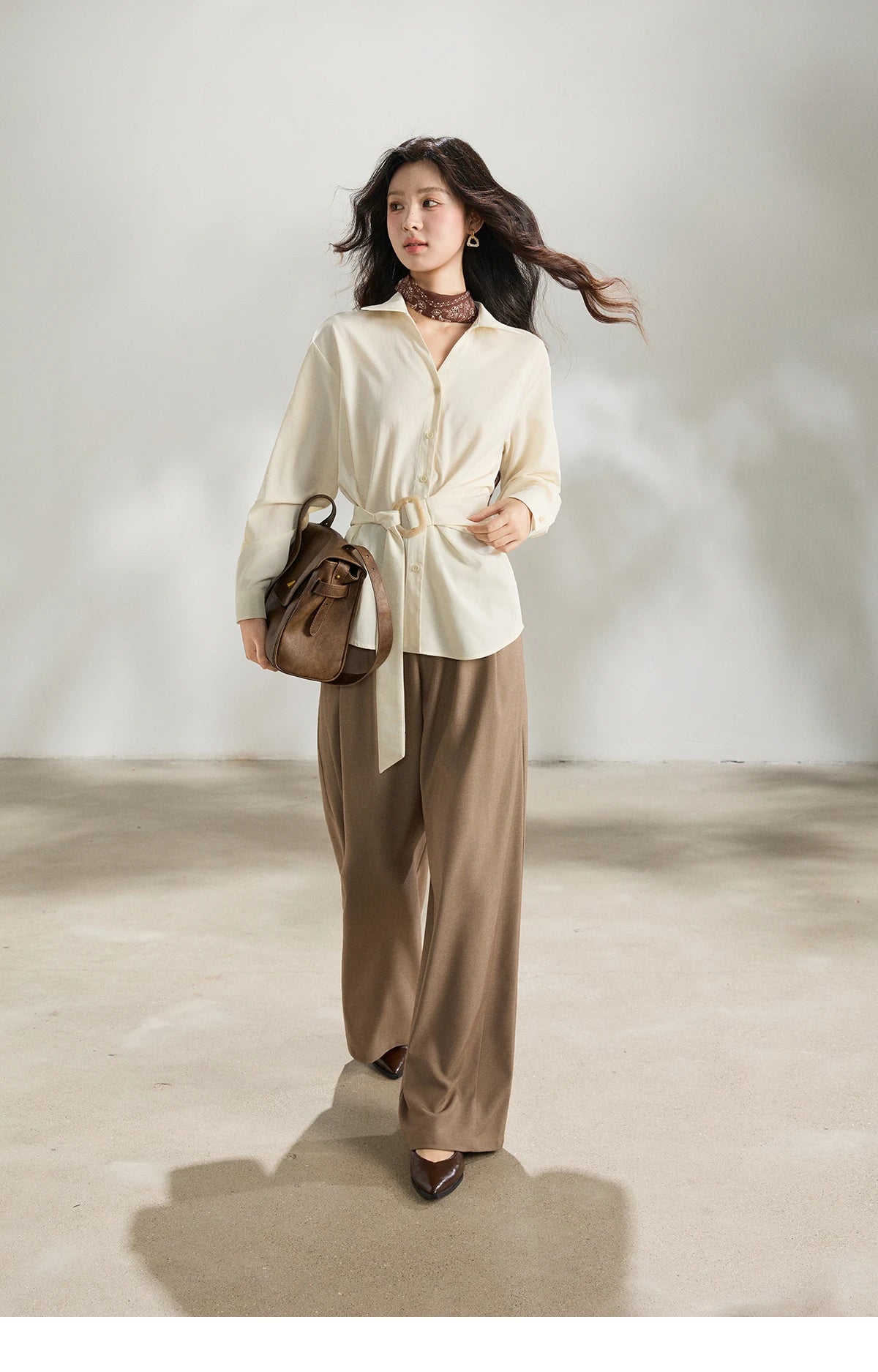 MISHOW Women's Lapel Collar Long Sleeve Shirt 2026 Spring with Belted Waist Casual Loose Soft Beige Shirt Office Lady MXF13C2452