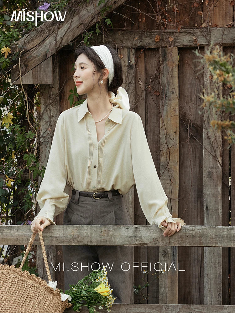 MISHOW Wave Striped Single Breasted Shirt for Women Spring 2025 Shell Buttons Solid Shirts Loose Commuter Outerwear MXE16C0422