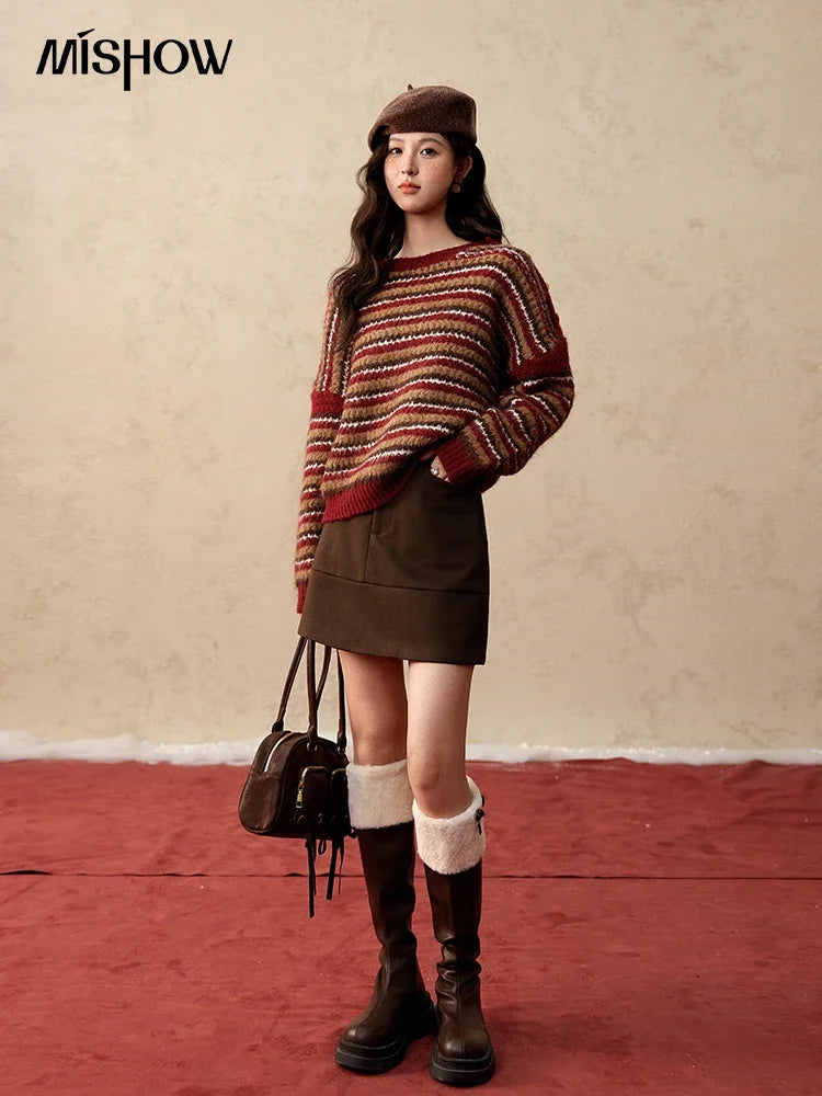 MISHOW Christmas Retro Striped Wool Blend Sweater Women Button Decoration Women Clothing Thick O-Neck Knitted Tops MXD59Z1060