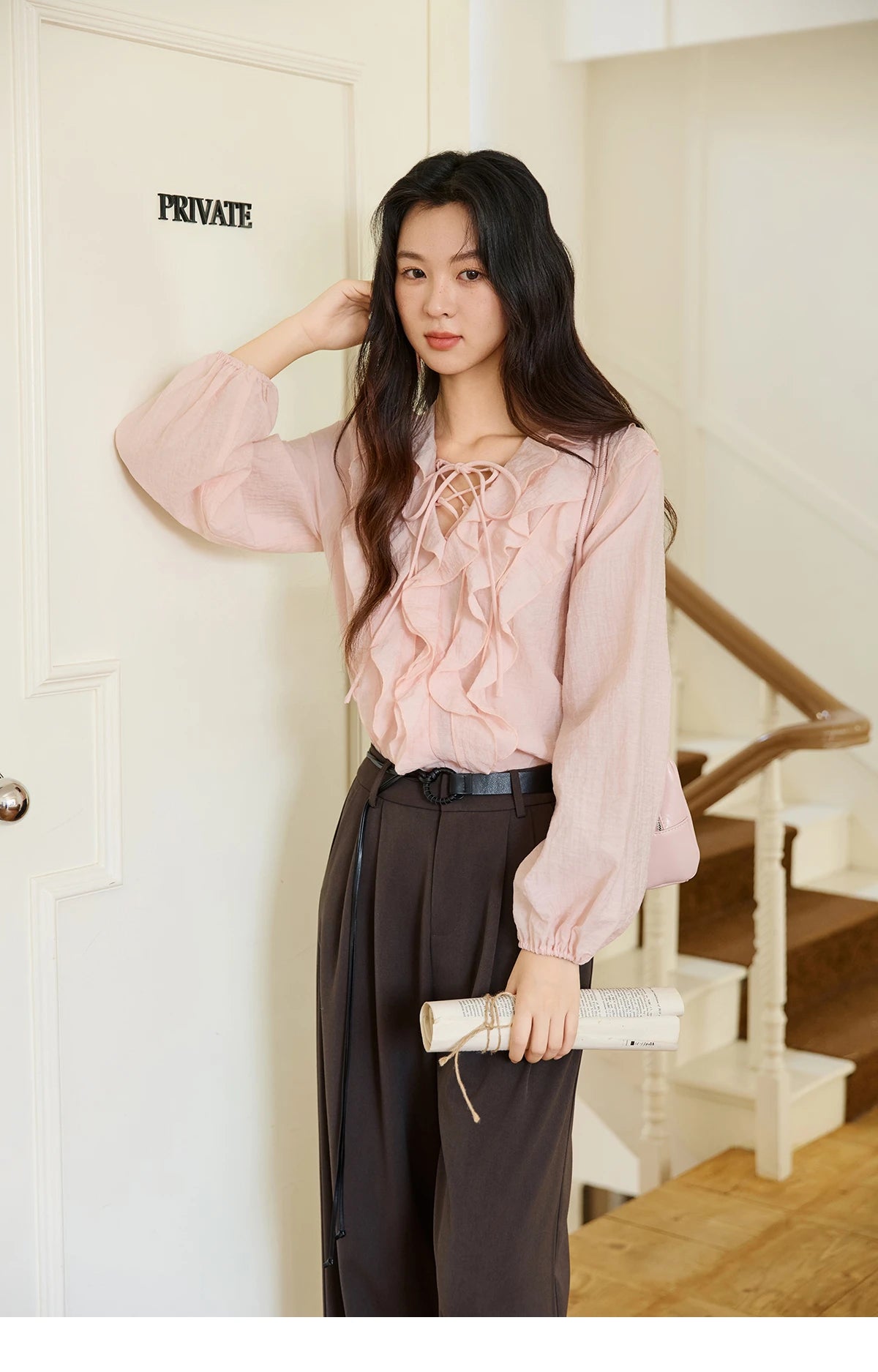 MISHOW Pink Ruffled Blouse for Woman 2025 Autumn New Elegant Sweet V-neck Lace-up Design Shirt Lantern Sleeves Top MXE49X2504