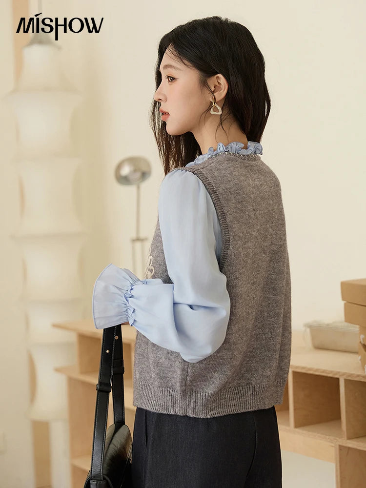 MISHOW Women's Knitted Vests 2025 Autumn Solid Embroidered Vest V-neck Tie Short Loose Outerwear Versatile Knit Top MXE45Z1397