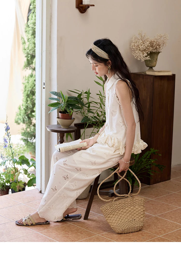 MISHOW 100 Cotton Butterfly Hollow Lace Lapel Shirt for Women Single Breasted Elegant Breathable Shirts with Tube Top MXE34X1808