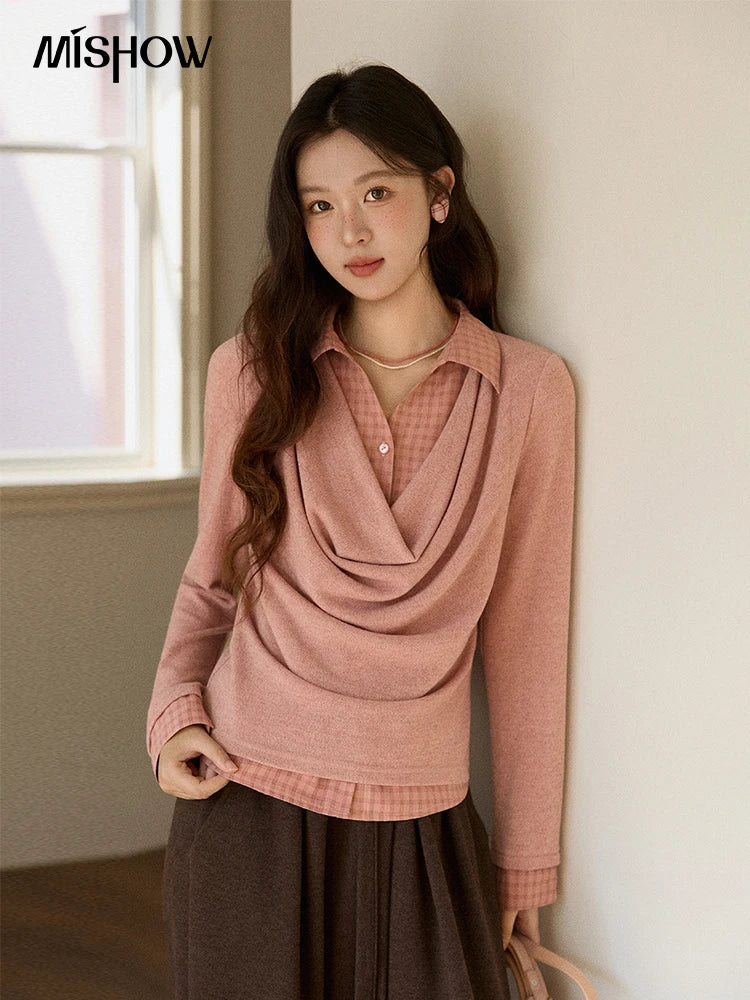 MISHOW Women Knit Top 2025 Winter Faux Two-piece Pullovers Retro Plaid Patchwork Draped Collar Luxury Design Pink Top MXE87Z2747