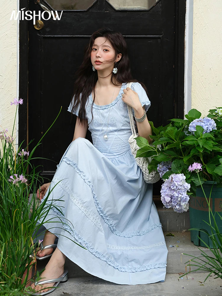 MISHOW Women Lace Mushroom Edge Dress 2025 Summer New Fashion Square Neck Puff Sleeve Blue Dresses Women's Clothing MXE38L2348