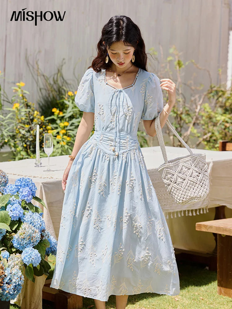 MISHOW Blue Square Neck Bubble Sleeve Dress for Women Summer 2025 Waist Vacation 100 Cotton Embroidered Long Dress MXE35L2234