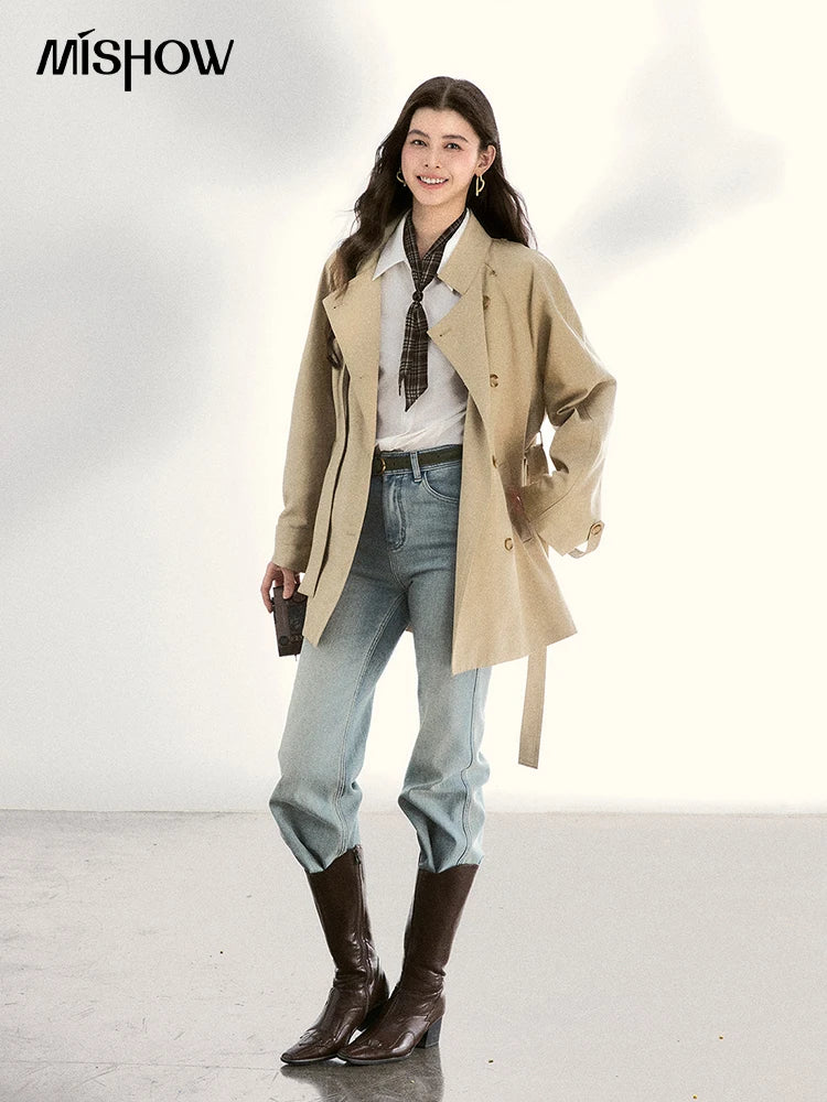MISHOW Women's Double-Breasted Trench Coat 2026 Spring Belted Lapel Trench Long Sleeve Casual Mid-Length Outerwear MXF11W1031