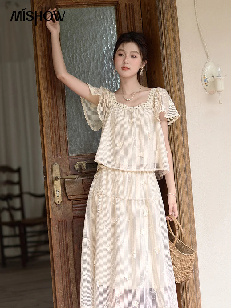 MISHOW Elegant Butterfly Flying Sleeve Blouses Elastic Waist Skirt Separately Summer Back Lace-up Top Midi Skirts MXD29X1559