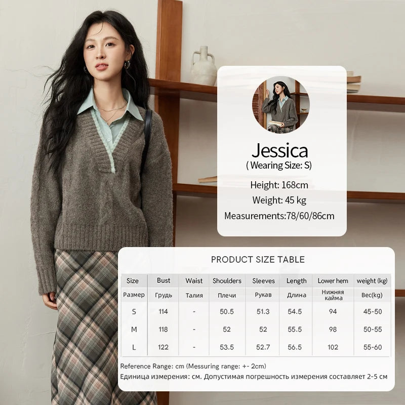 MISHOW Vintage Sweater False Two-piece Sweet Fashion V-neck Knitwear 2024 Fall New Vintage Versatile Sweater Tops MXD42Z0695