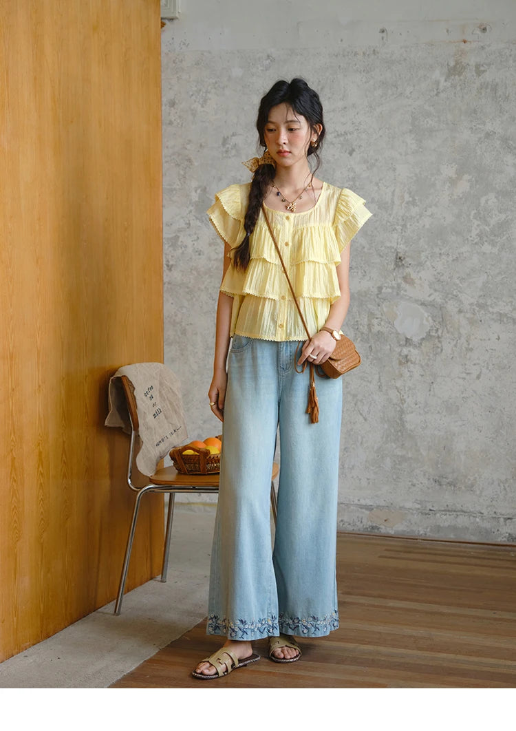 Mishow Flower Embroidery High Waist Wide Leg Jeans MXE37K0991