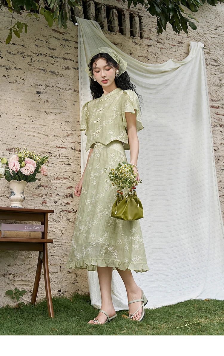 MISHOW Chinese Green Stand Collar Lotus Leaf Overlapping Sleeve Top Hem Stringy Selvedge Skirt Separately 2024 Summer MXD22X1388