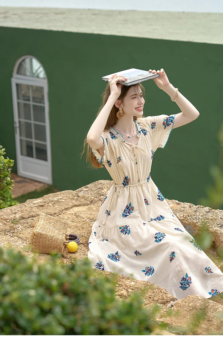 MISHOW French Romantic Dress 2024 Summer Women Embroidered Flower Fairycore Dresses Elastic Waist Drawstring Dress MXD24L1835