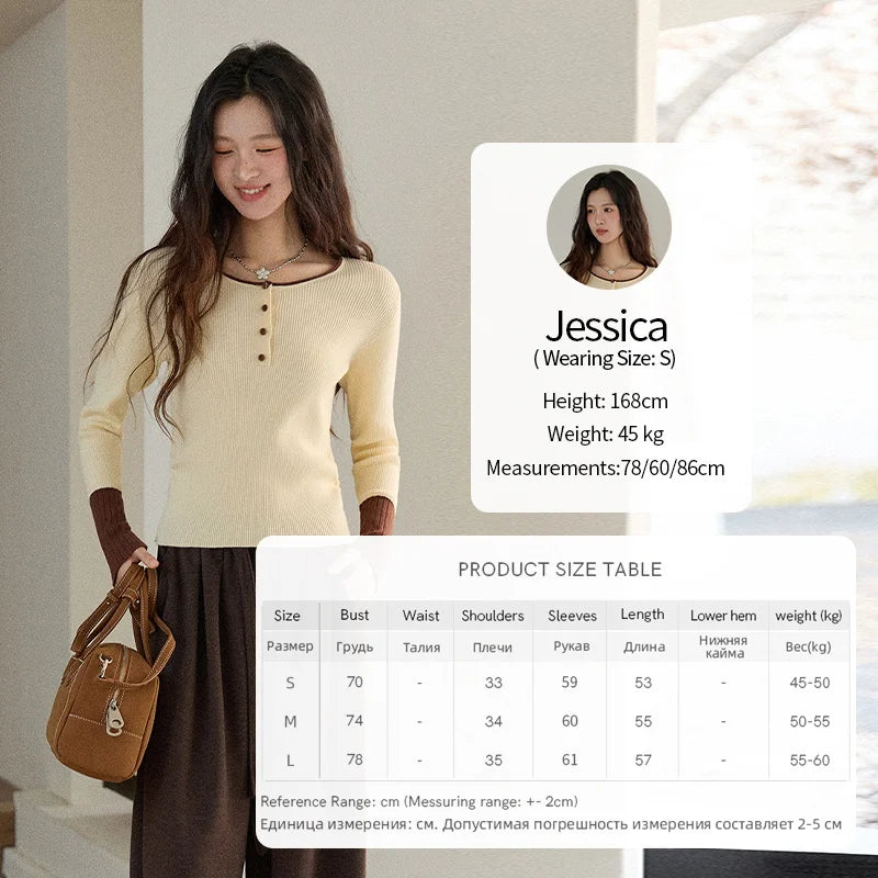 MISHOW Long Sleeves Sweater Women 2025 Winter New Retro Contrast Color Crew Neck Knit Top Comfortable Slim Sweater MXE89Z2639