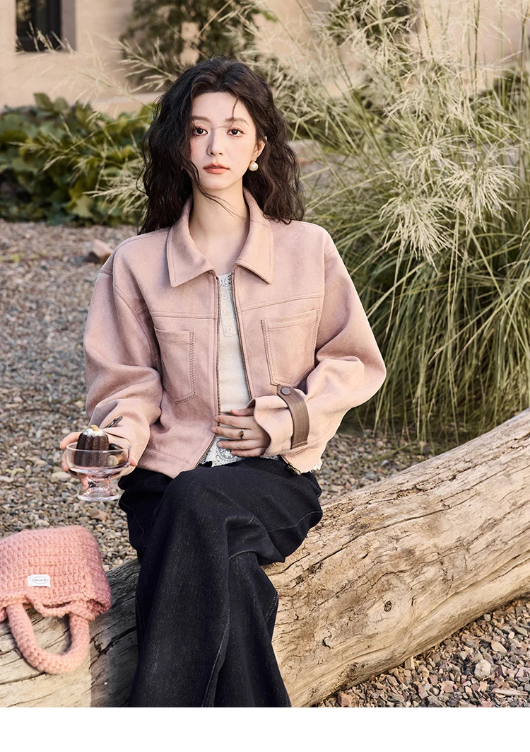 MISHOW Suede Symmetric Pocket Jacket American Vintage Zipper Short Outwear 2024 Winter Sweet Slim Lapel French Jacket MXD48W0478