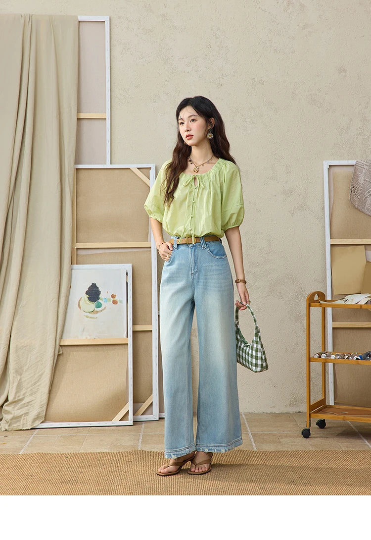 MISHOW Women's Round Neck Blouse 2025 Summer New Fashion Lace Up Puff Sleeve Casual Chiffon Top Ladies Clothing MXE36X1875