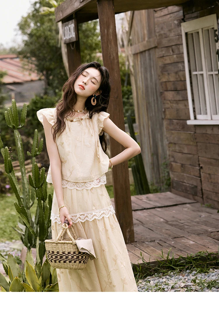 MISHOW Sweet Summer Skirt Sets Women New 2025 Short Flying Sleeve Round Neck Tops Hollow Embroidery A-line Skirt Lady MXE33T0545