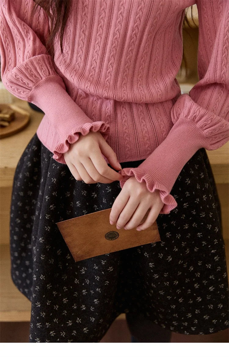 MISHOW Women's Half Turtleneck Ruffle Trim Lantern Sleeve Bottoming Tops 2025 Winter Vertical Rib Slim Knitted Top MXE93Z2810