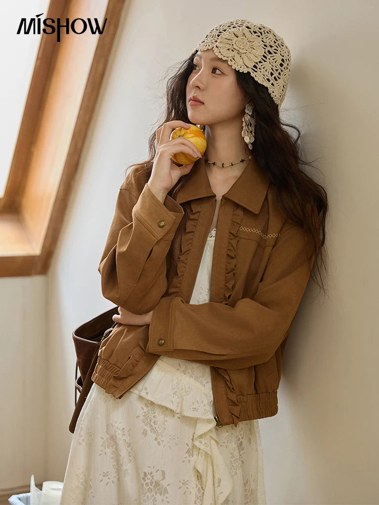 MISHOW Brown Suede Short Coat with Fungus Edge Pleating Autumn 2025 Lapel Zipper Casual Jackets Hem Elasticity Coats MXE43W0803