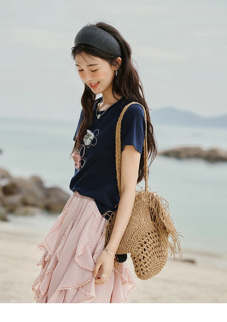 MISHOW Casual Summer Print T-shirts Women New 2025 Short Sleeve Round Neck Flower Beaded Shirts Female Fashion Tops MXE33T0499