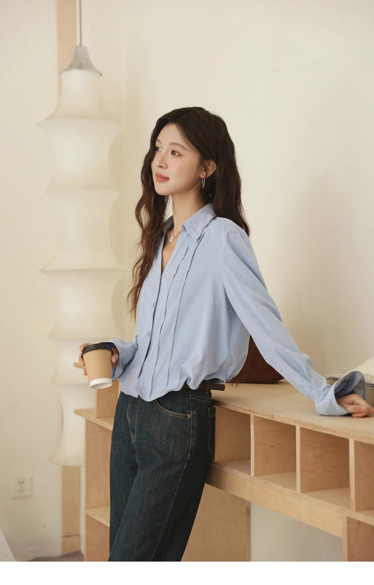 MISHOW Blue Peach Skin Velvet Shirt for Women Autumn 2025 Lapel V-neck Shirts Female Pleated Cuffs Tops Office Lady MXE44C2392