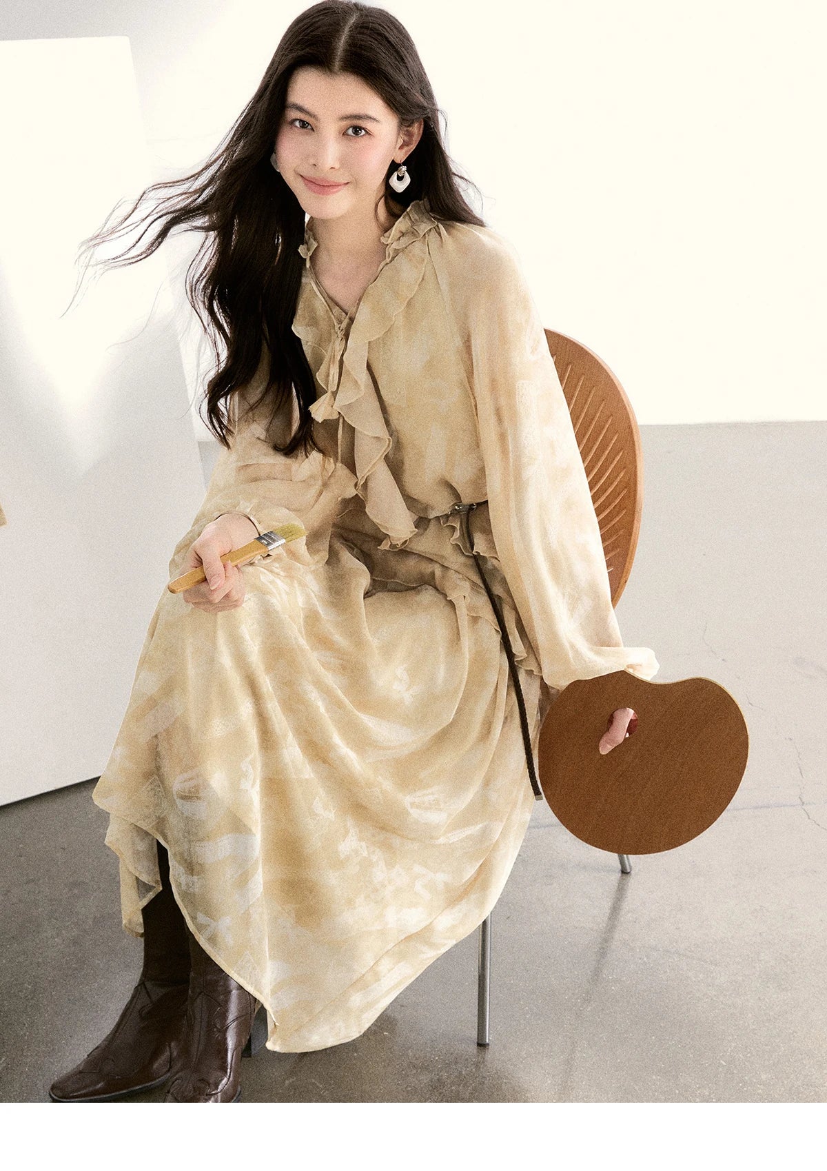 MISHOW Light Yellow Chiffon Maxi Dress 2026 Spring V-Neck Ruffled Belted Floral Print Casual Long Sleeve Dresses MXF11L2554