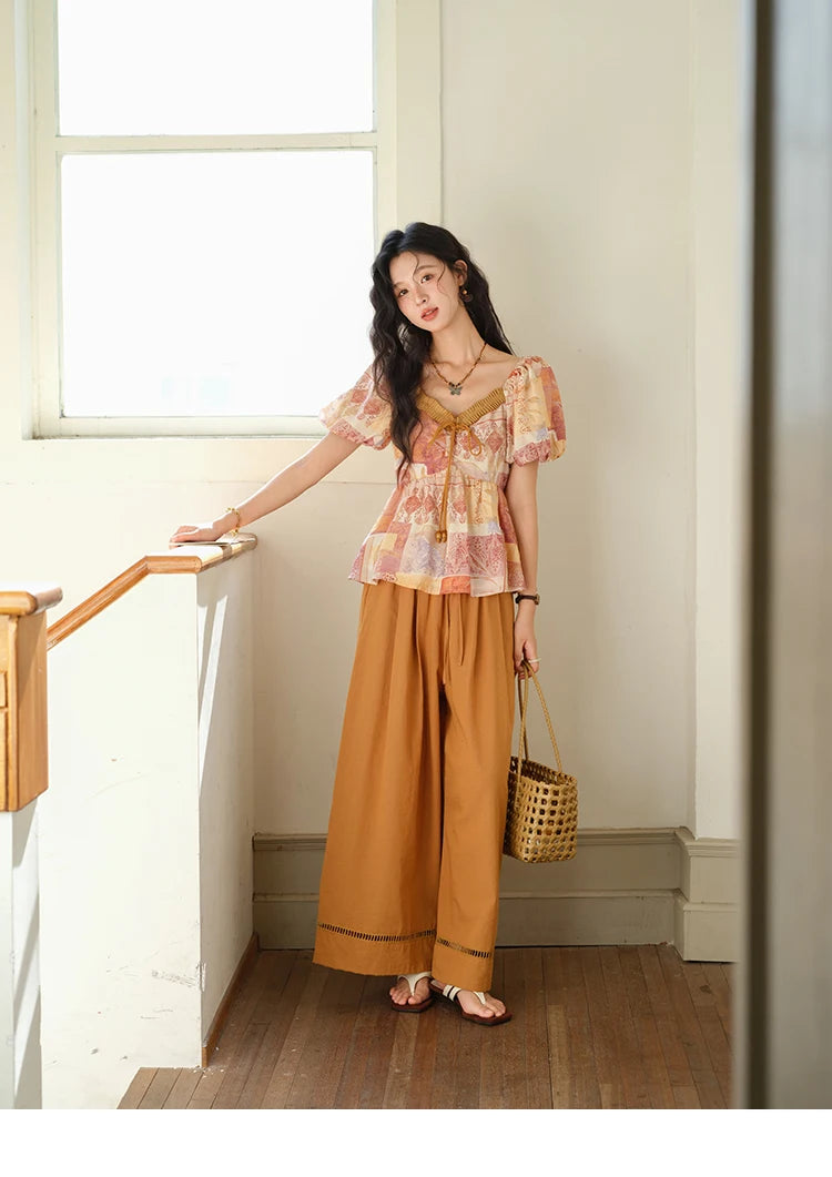 MISHOW V-neck Lace Up Patchwork Blouses for Woman 2025 Summer New Ladies Puff Sleeve Print Loose Top Female Clothing MXE38X1911