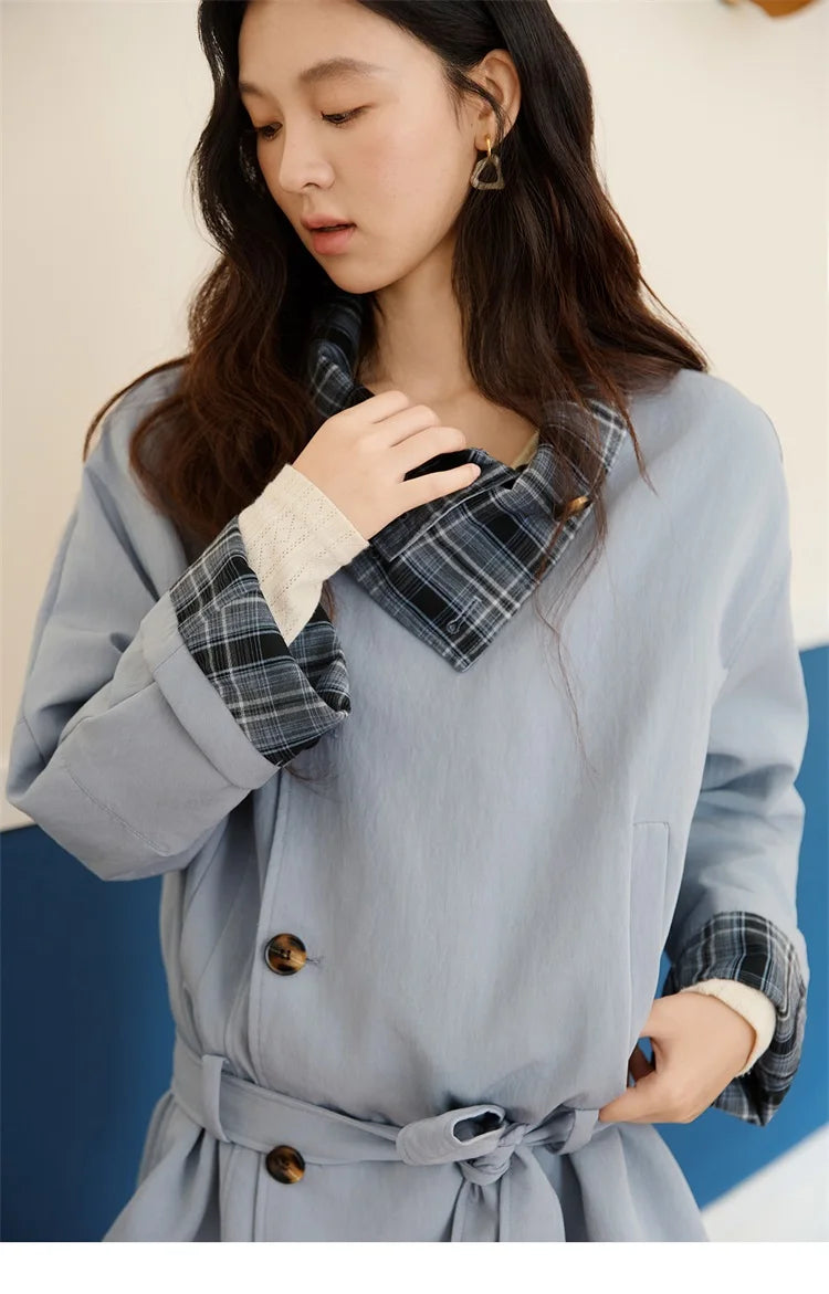 MISHOW Two Sided Outerwear Trench for Women Autumn Winter 2025 Blue Plaid Patchwork Diagonal Placket Belt Trench MXE48W0871