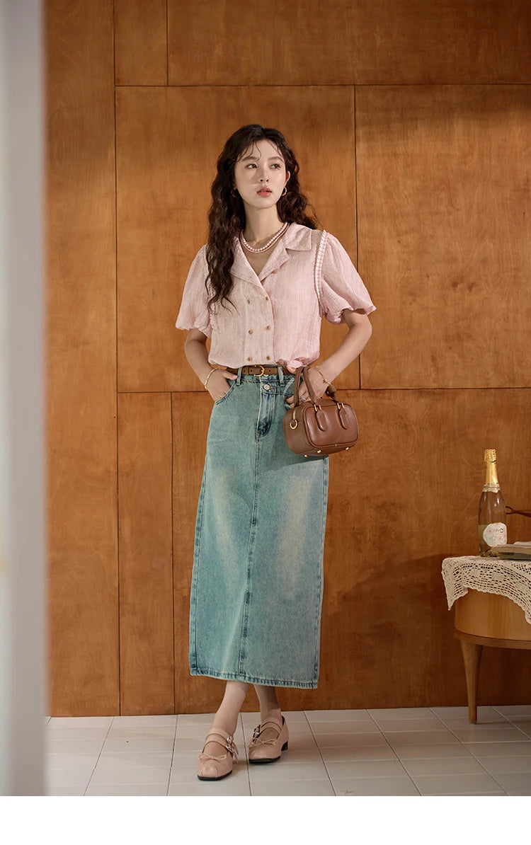 MISHOW Retro Pink Short Sleeved Shirt 2024 Summer V-neck Folded Ruffled Edge Top Elastic Cuffs Lapel Neck Blouses MXD29C0273