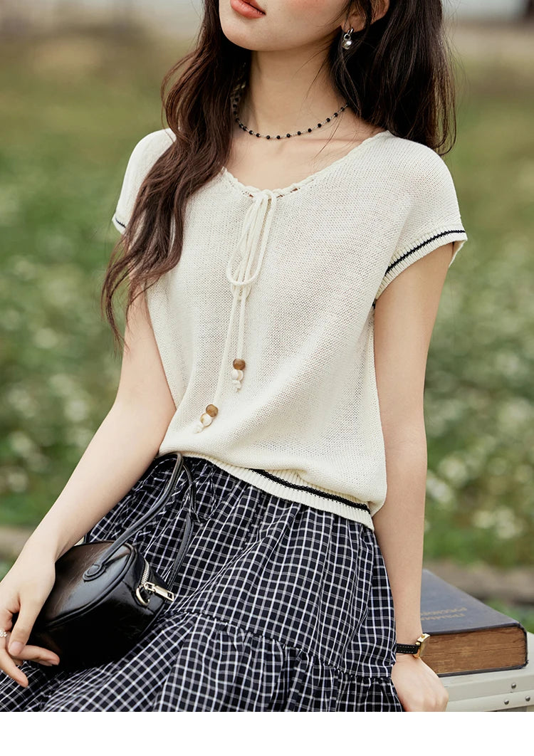 MISHOW Office Lady Summer Knitted Sweater V-neck Short Sleeve Solid Slimming Bead Design Pullover Female Lazy Tops MXE33Z1227