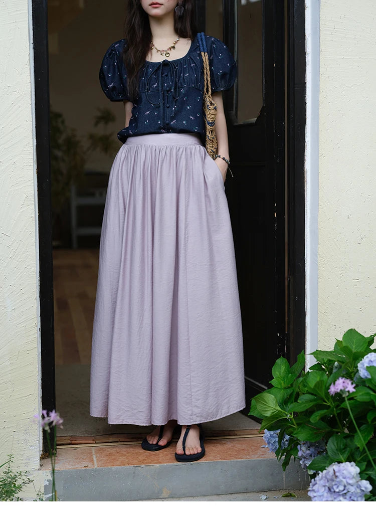 MISHOW Fashion Puff Sleeve Square Neck Blouse for Women 2025 Summer Lace Up Button Print Denim Top Women's Clothing MXE39X1933