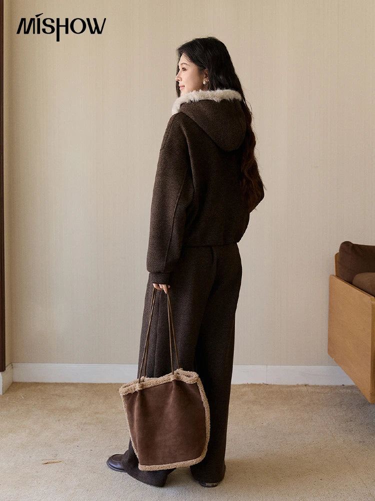 MISHOW Women's Brown Two-Piece Set 2025 Winter Faux Fur Hood Sweatshirt Elastic Waist Wide-Leg Pants Warm Casual Sets MXE94T1476