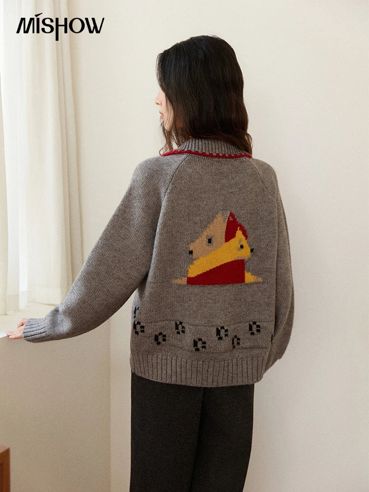 MISHOW Dog Cartoon Jacquard Knitted Cardigan for Women 2025 Loose Retro Turn-down Collar Casual Women's Sweaters MXE86Z2727