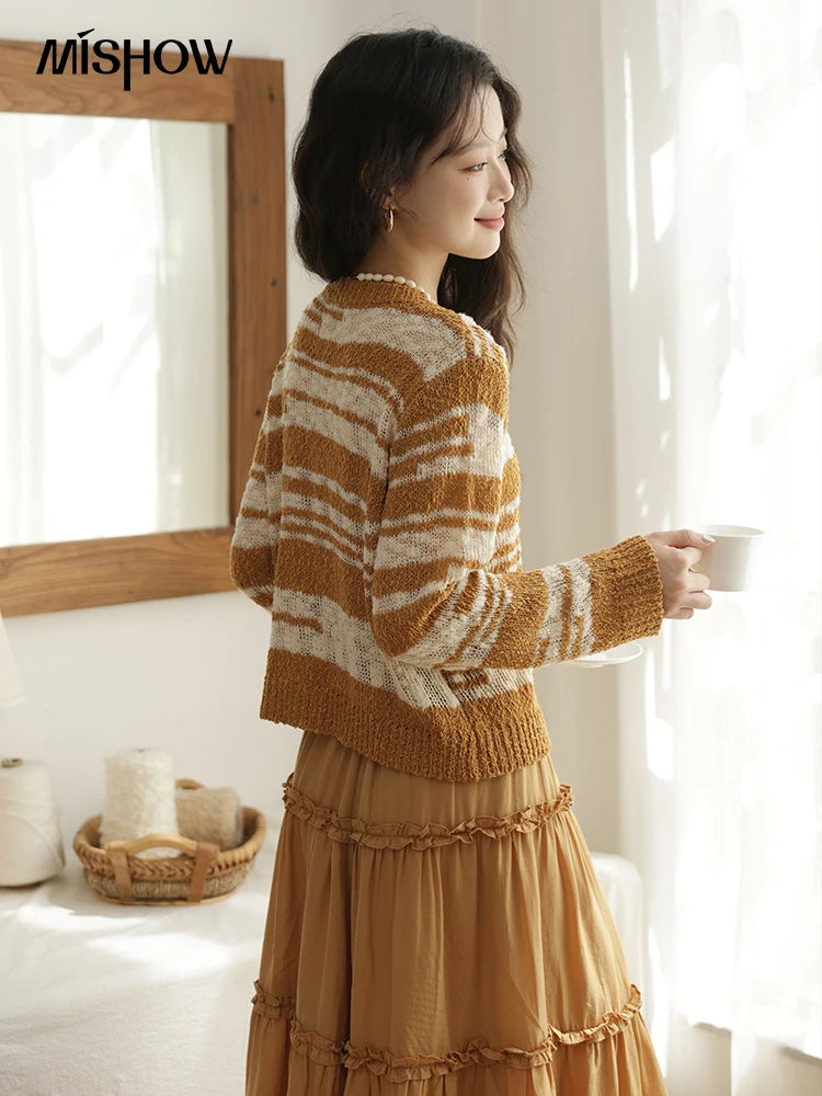 MISHOW Women's Striped Cardigan 2025 Autumn New Retro Yellow V-neck Long Sleeves Single-breasted Short Sweater Coats MXE44Z2516