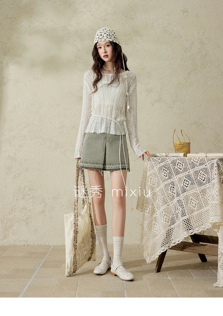 MISHOW Women 's Apricot White Hollow Knitted Sweater Spring 2025 Mohair Cover Drop Sleeve Top Strapless Slim Tube Top MXE12Z1120