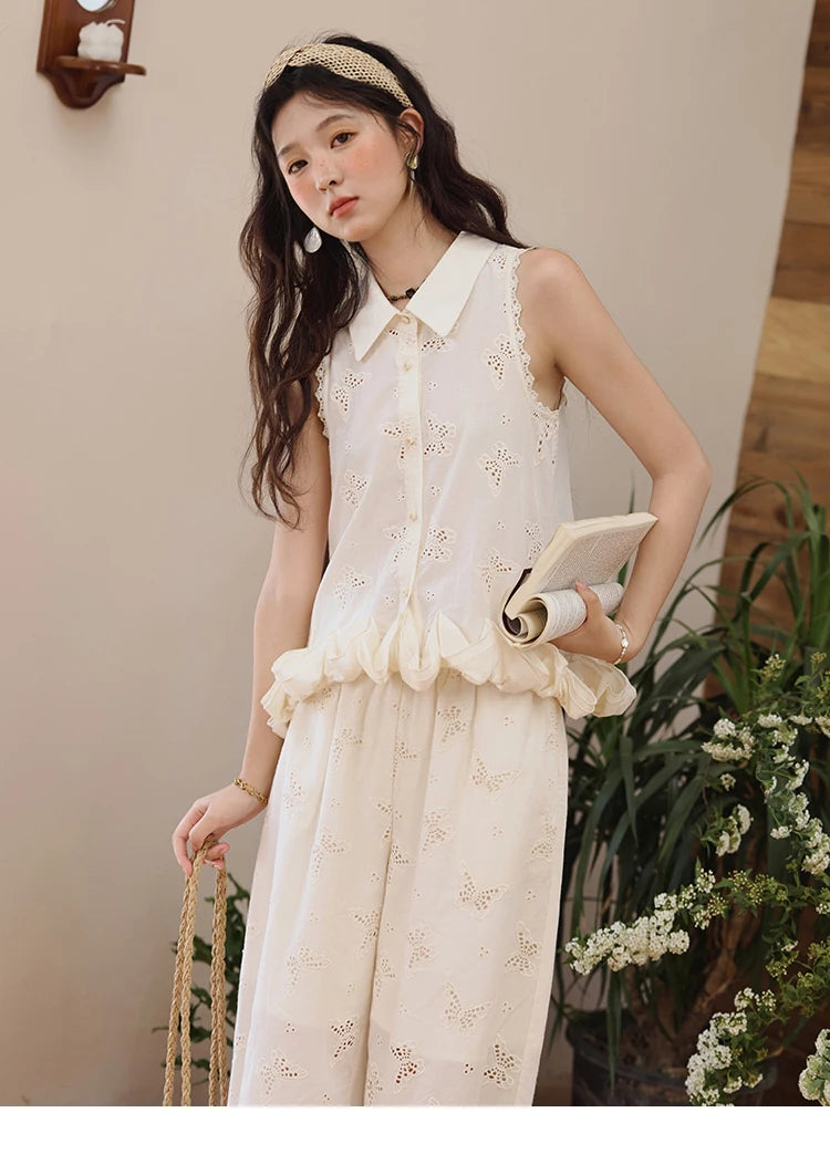 MISHOW 100 Cotton Butterfly Hollow Lace Lapel Shirt for Women Single Breasted Elegant Breathable Shirts with Tube Top MXE34X1808