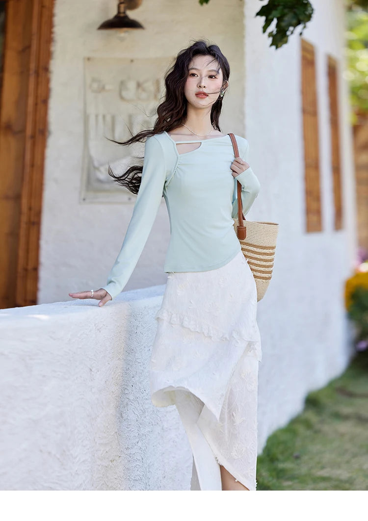 MISHOW Women's Knitted Long Sleeved T-shirt 2025 Spring Outfit Irregular Hollow Neck Tees Slim Solid Color Casual Top MXE13Z1116