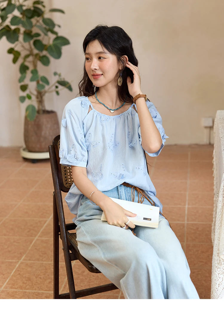 MISHOW Women's Butterfly Embroidery Blouse 2025 Summer New Fashion Hollow Out O-Neck Casual Top Female Clothing MXE36X1878