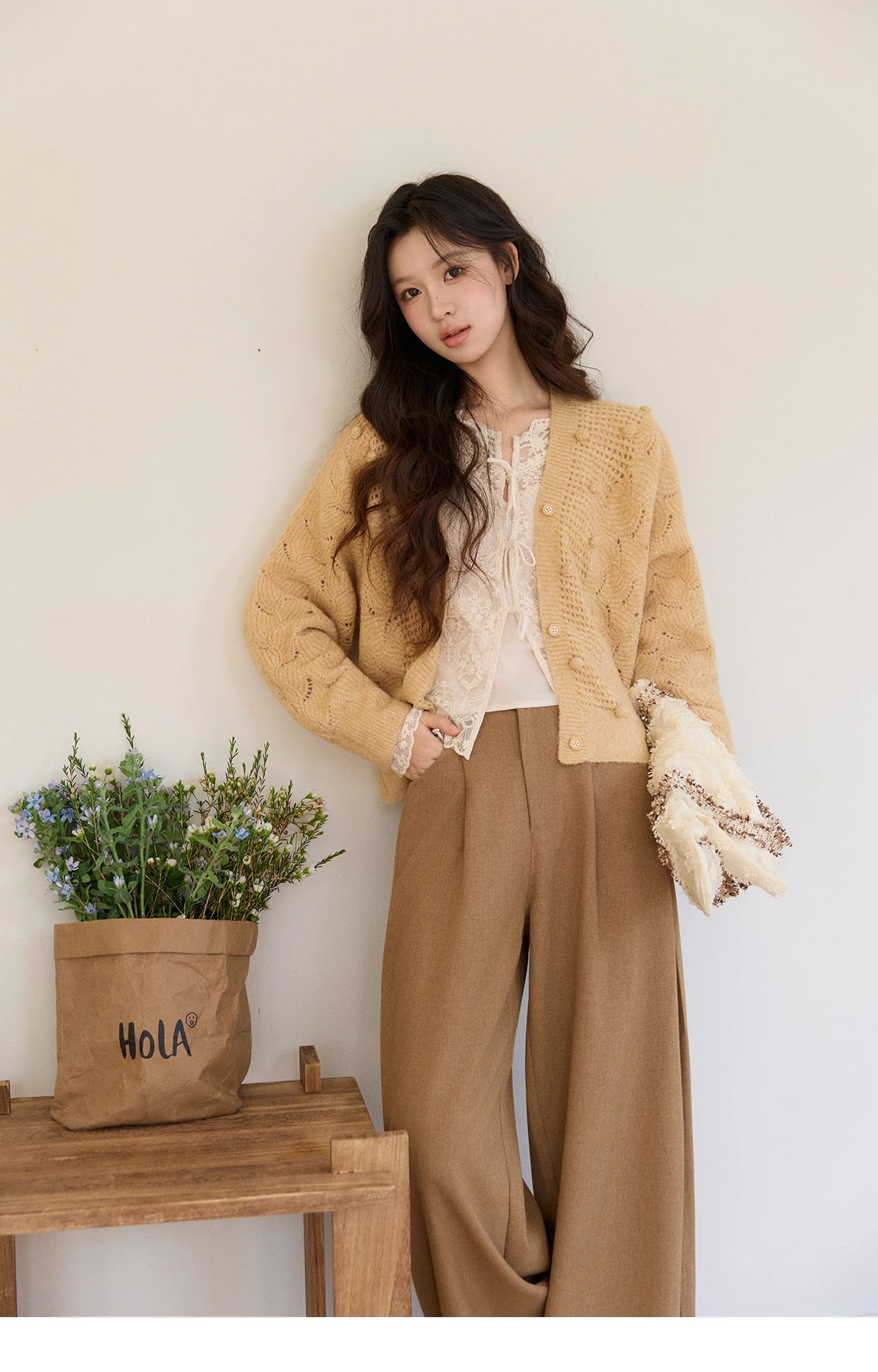 MISHOW Women's Solid Hollow-out Knit Thin Cardigan 2026 Spring V-Neck Bobble Knit tops Casual Loose Knitted Sweater MXF108Z1020