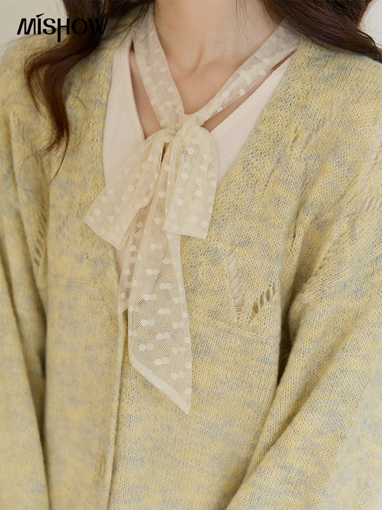 MISHOW Women's Marled Yellow Mohair Knit Cardigan 2026 Spring V-Neck Flare Sleeve Cardigans Casual Loose Sweater MXF108Z1021