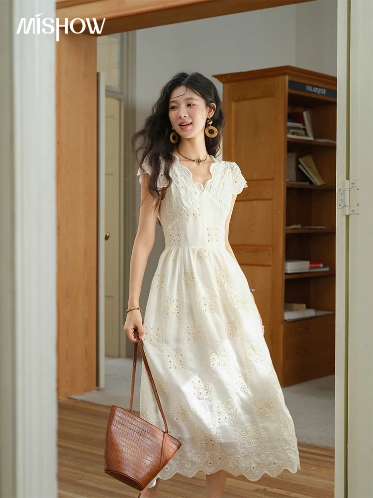 MISHOW Women's Flying Sleeve V-neck Hollow Dress 2025 Summer Embroidery A-line Dress Seaside Vacation Long Dresses MXE39L2404